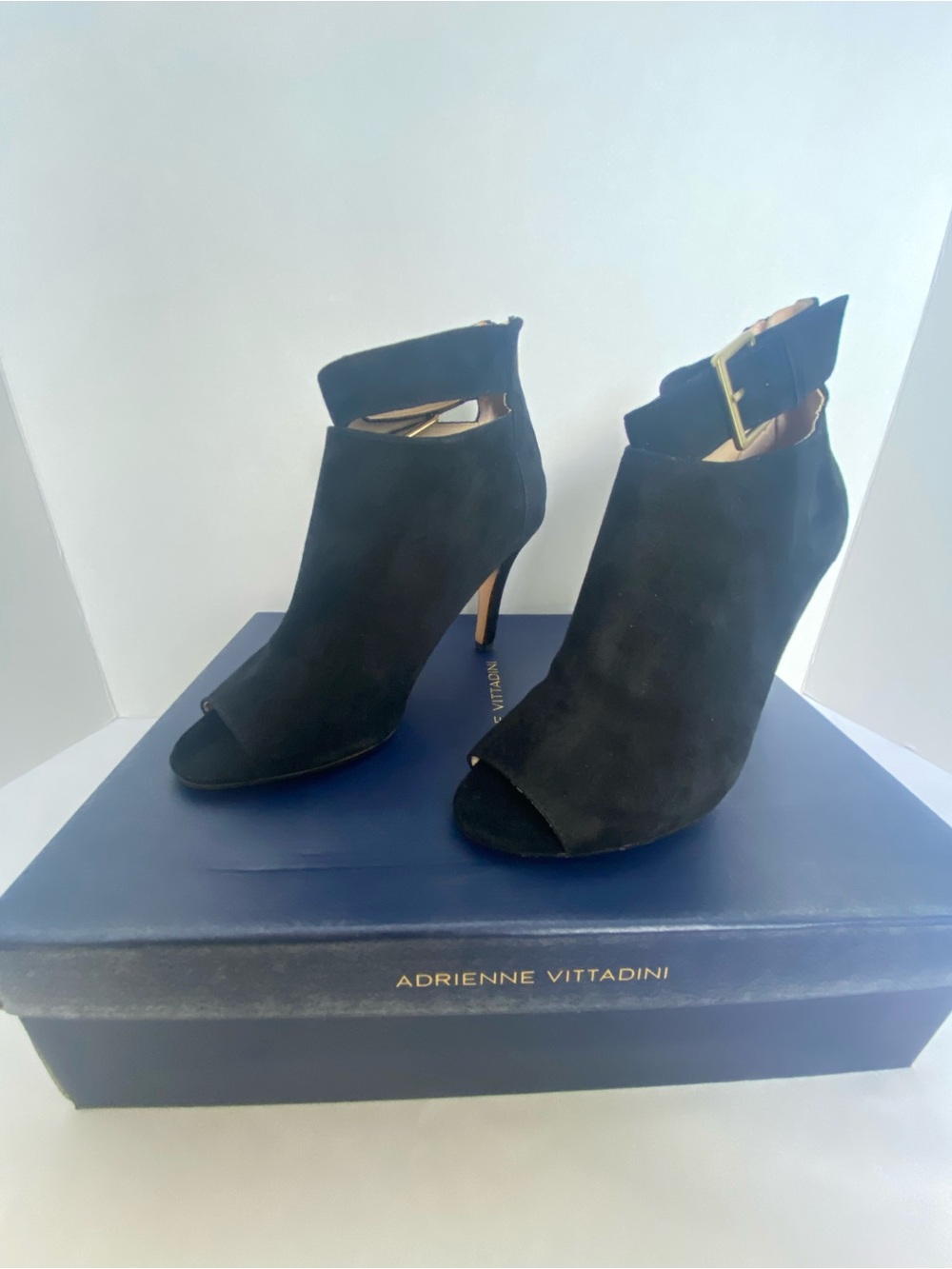 Adrienne Vittadini Women’s Black Suede Peep-Toe Ankle Booties with Gold Buckle